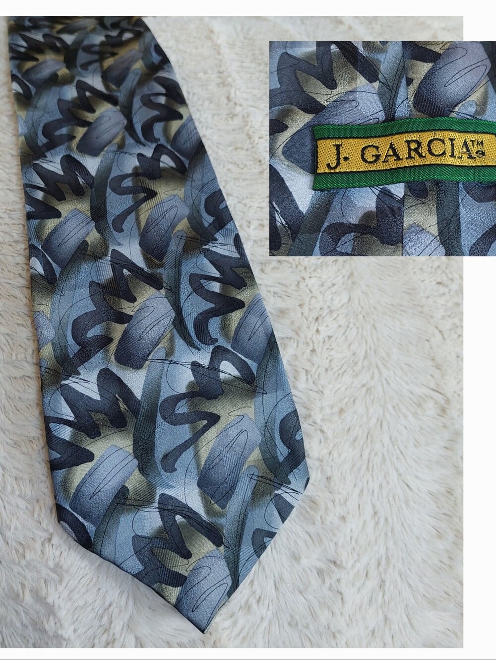 J. Garcia Men's Tie Neckwear Blue Gray Black Abstract Silk Tie Vintage